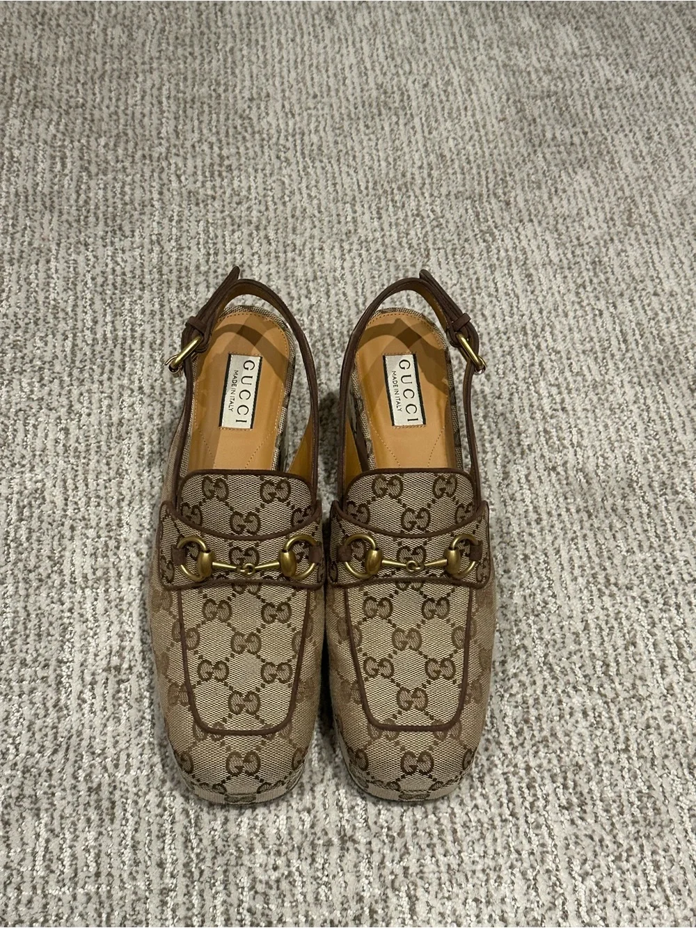 Gucci Brown GG Canvas Horsebit Slingback Platform Heels